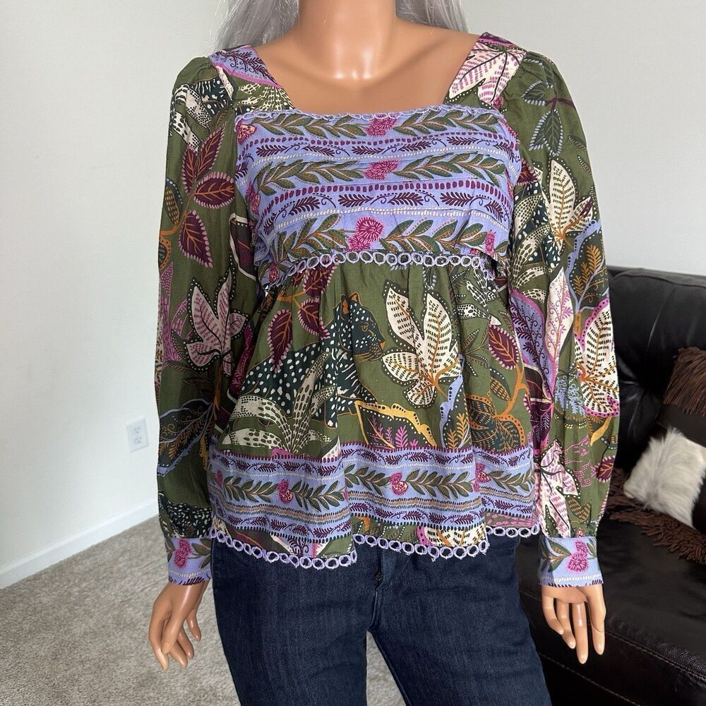 Farm Rio Blouse Top XS Green Jungle Fairy Boho Botanical Tropical Praire Resort - Picture 13 of 15